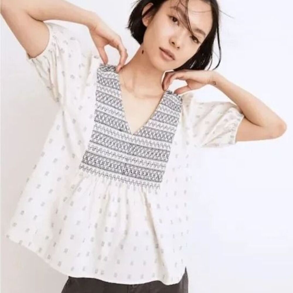 Madewell Embroidered Yoke Top Clipdot Cream/Navy 100% Cotton Boho Hippie XS